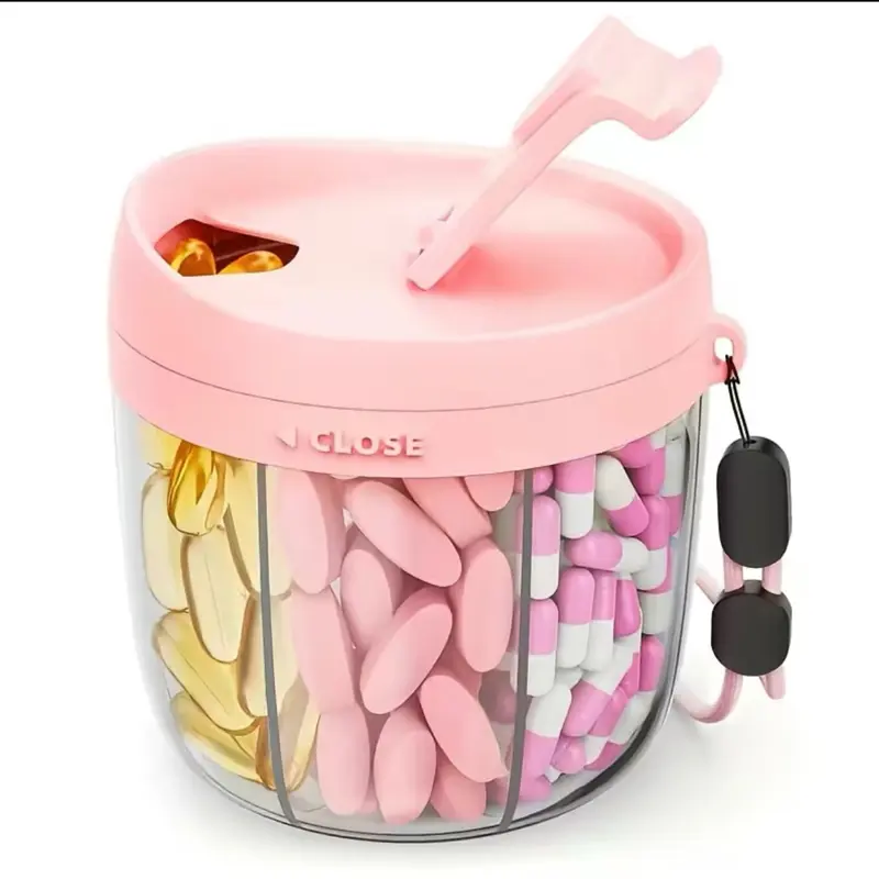 Cute Pill Dispenser with 7 Large Compartments, Portable Pill Bottle Organizer with Wide Opening for Easy Use, Anti-Mix Pill Organizer for Travel, BPA-Free Pill Container, Pink Healthcare Organizer with Times a Day Weekly stick-on label Capsule