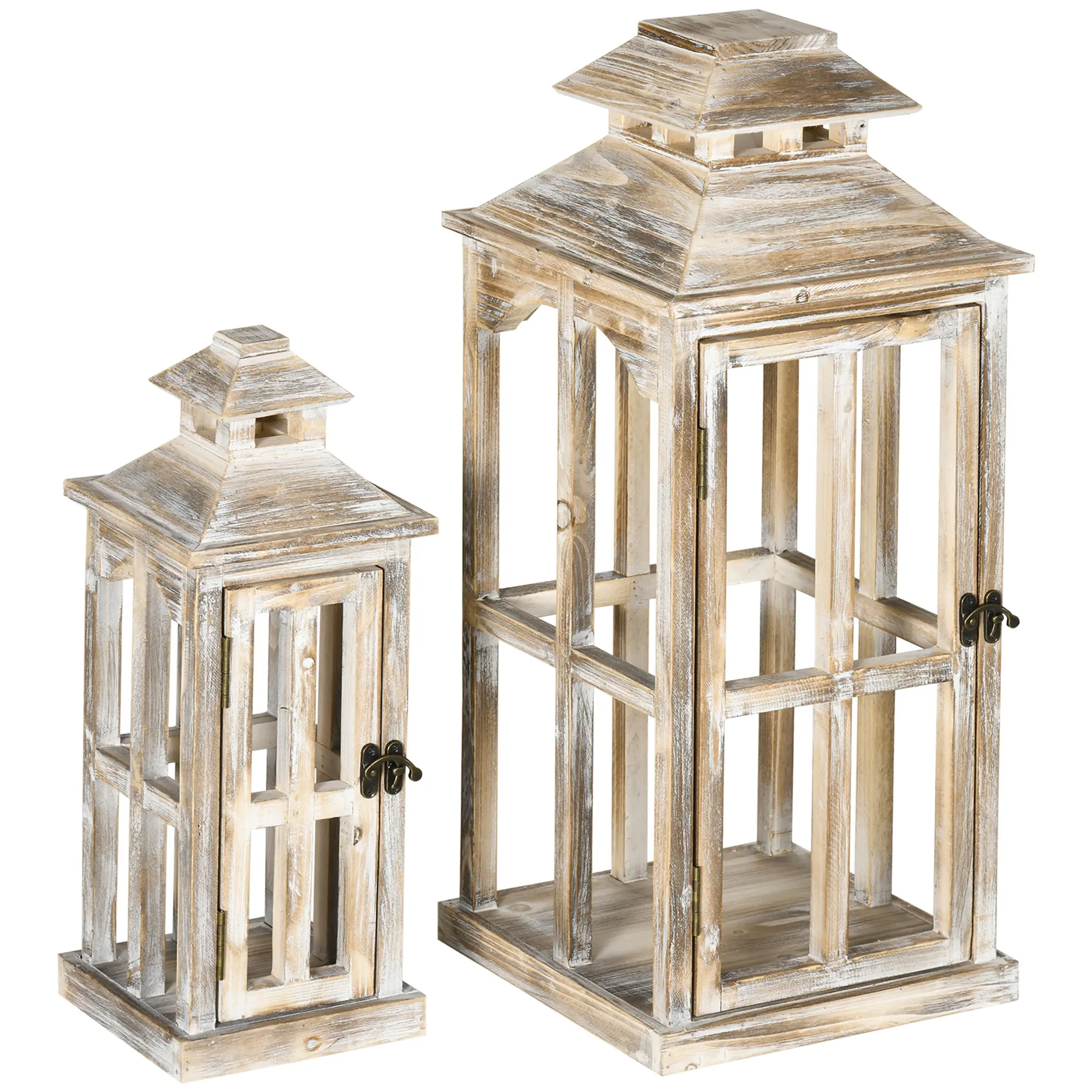 Rustic Wooden Candle Lanterns 2-Pack - 28in/20in Large, No Glass, Natural Home Decor Candle Holders for Indoor/Outdoor Home Supplies