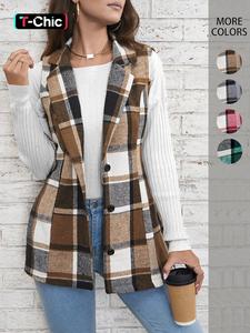 women's plaid print button front vest coat, elegant womenswear lapel neck sleeveless outerwear, comfortable graphic jackets, lady casual wear outfit, winter clothes women