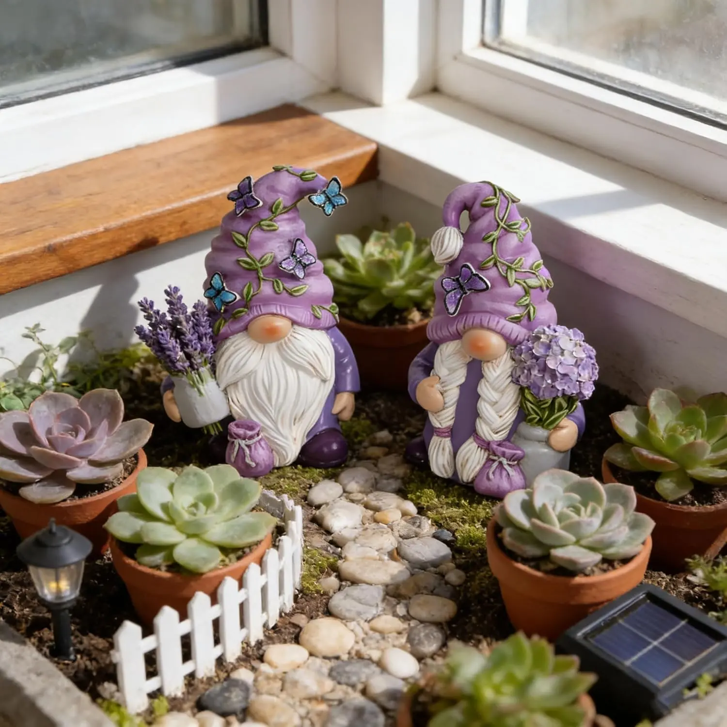 HODAO Lavender Garden Gnome Set of 2, Purple Resin Gnome Figurines with Butterflies, Spring Garden Decor Indoor Outdoor Statues Gift for Women