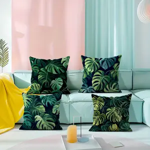 4pcs Tropical Plant Leaves Single-Sided Print Throw Pillow Covers for Sofa - Peach Skin Velvet Pillowcases, Home Decorative Cushion, Soft Touch Cushion