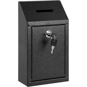 Money Cash Drop Box Wall Mount with Key, Metal Donation and Suggestion Box with Slot and Lock for Home, Farm or Office, Black, 10.24 x 5.7 x 2.95 Inch