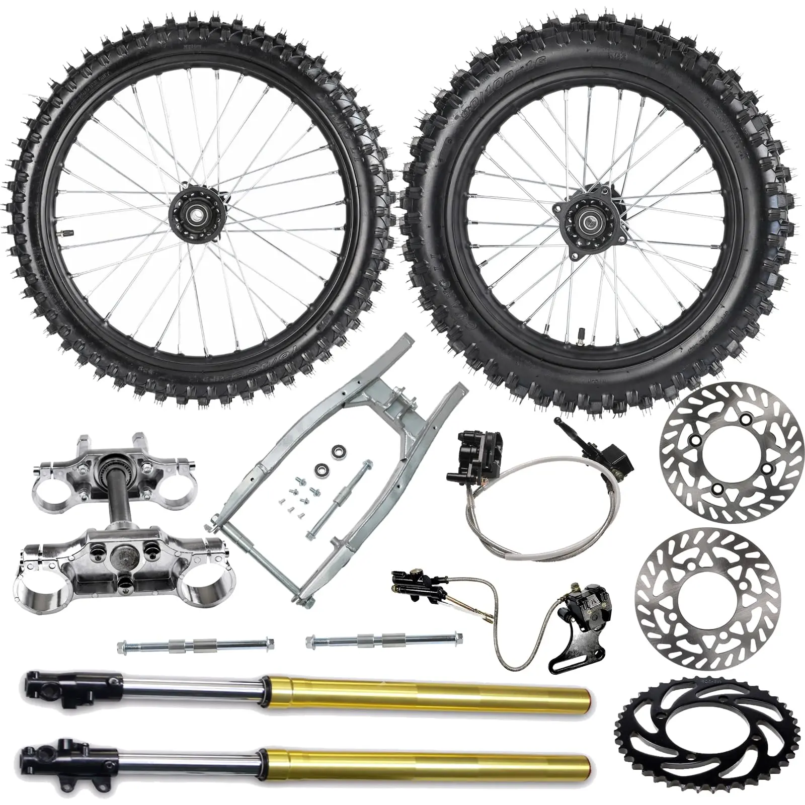 70/100-19 90/100-16 Dirt Bike Wheels with Disc Brake Parts, Rear Chain Sprocket, Front Forks Triple Tree, Extended Swing Arm for DIY Pro Pit Trail Bike Offroad Motorcycle Scooter 125cc 140cc 150cc