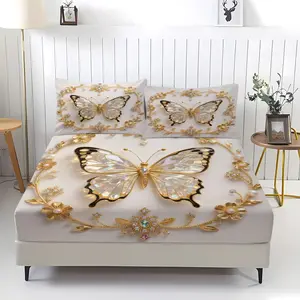 3 Piece Set of Non Fading Fitted Sheet,Luxurious 3D Butterfly Print,Including 1 Bed Sheet and 2 Pillowcases,Comfortable Bedding,Anti Slip Dust Cover Suitable for Bedroom or Guest Room Decoration