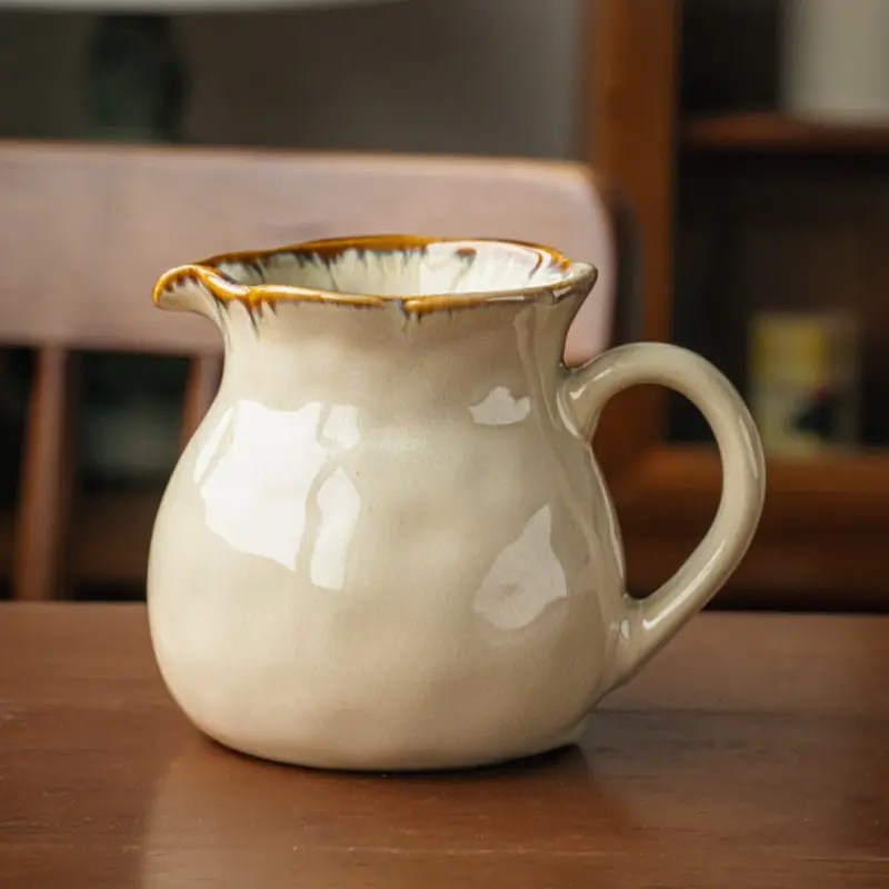 Vintage Ceramic Milk Jug, Home Coffee Latte Milk Pitcher, Floral Round Belly Cold Water Pot, Kitchen Handle Ceramic Divider, Beverage, Tea, Kitchenware, Container