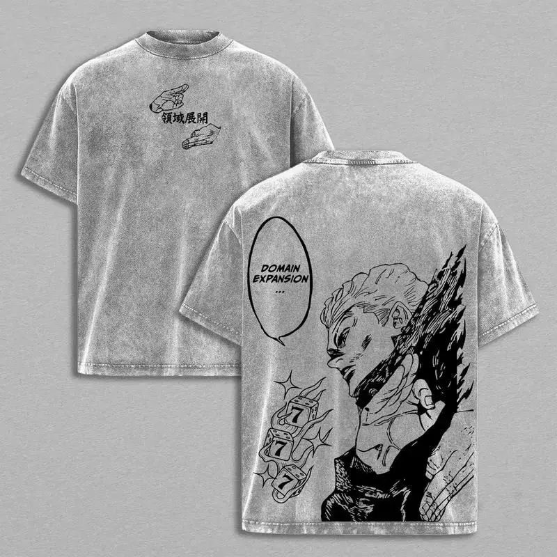 Men's Oversized T-Shirt, Hakari Kinji Jujutsu Kaisen Graphic, Round Neck Streetwear Top in Vintage Washed 230gsm Heavyweight Cotton, Graphic Print, Heavyweight Tee, Rib, Short, M, L, Tshirt, Jujutsu Theme
