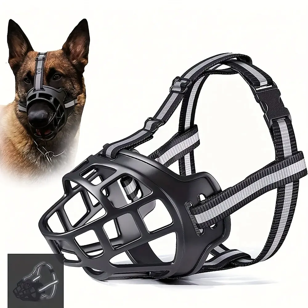 Soft Plastic Dog Mouth Cover, Breathable Mesh Anti-Bite Reflective Strip, Adjustable Strap, Suitable for Travel, Grooming, Vet Visits