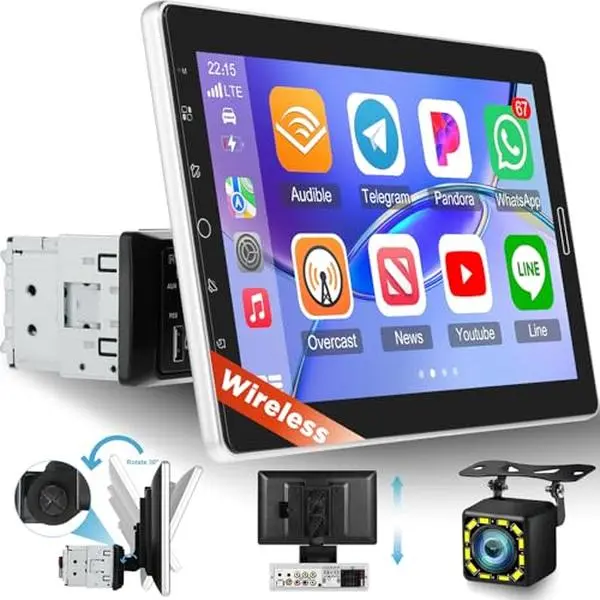 Podofo 10.1-Inch Single Din Touchscreen Car Radio - Auto Accessories Interior with CarPlay, Wireless Android Auto, AM/FM Radio, YouTube Playback, Bluetooth Hands-Free Calling, SWC, Backup Camera + Mic (Father's Day Gift)