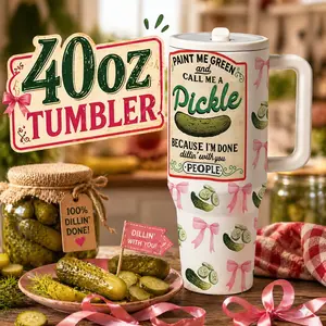 1 Pc 40oz Funny Pickle Quote Thermal Mug Tumbler, Double Wall Insulated, Keeps Hot 12h Cold 24h, Leak Proof Lid, Large Capacity Vacuum Cup with Handle, Cute Bow Cucumber Design Gift for Women Men, Christmas, Halloween, Birthday, Holiday Party