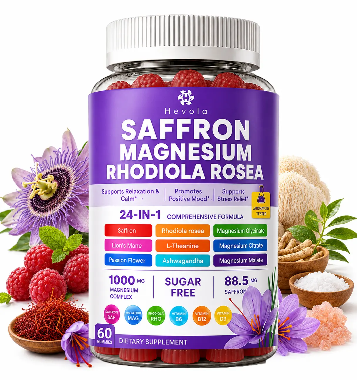Magnesium Glycinate Gummies with Saffron, Rhodiola, L-Theanine, and Ashwagandha — A 24-in-1 Formula offering comprehensive support for mood and muscle health. Effectively relieves stress and helps you stay calm and relaxed. Sugar-Free Formula — 60 Count.