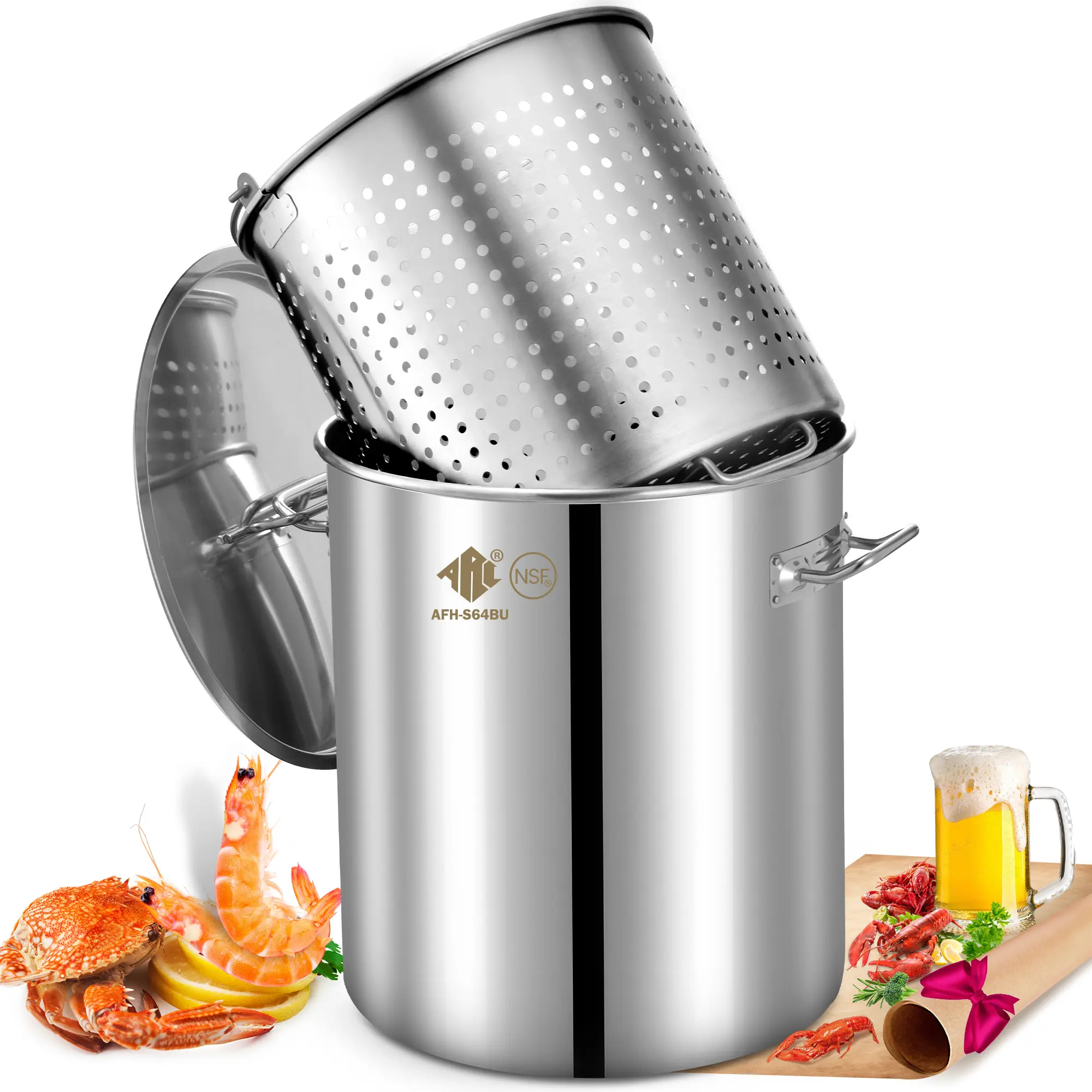 ARC 84-Quart Sturdy Round Stainless Steel Seafood Boil Steamer Pot with Basket, 2 Brown-Paper Table Covers, 21-Gallon Camp Cookware for Bulk Cooking, Crawfish, Turkey Frying, Seafood Boil Pot