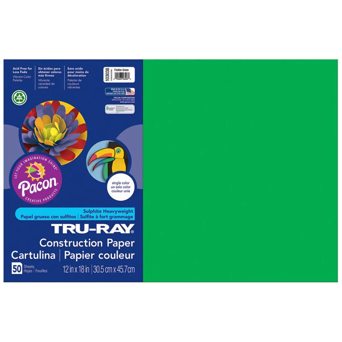 Pacon Tru Ray Festive Green Construction Recycled Paper - 12x18 in, Single Color, 5-Pack (50 Sheets/Pack), 50% Recycled Fiber, 8.25 lbs, Acid-Free, Fade-Resistant, Folds & Curls Without Cracking for DIY Scrapbooking (Toys & Hobbies), Crafts