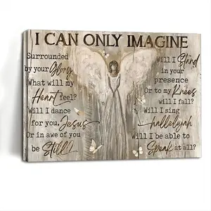 1 piece framed canvas wall art <I Can Only Imagine> Angel of Heaven and White Butterfly - Inspirational Jesus Landscape with Quote, modern framed artwork 15.7x 11.8inch (40x 30cm ), for living room, bedroom, church decoration, ready to hang, 2D flat