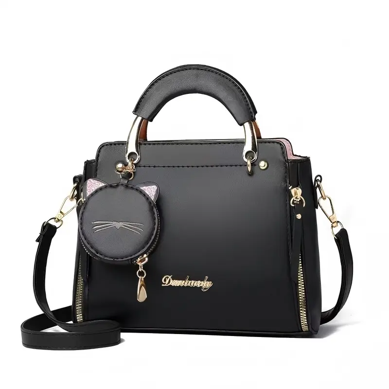 Women's Chic PU Leather Cross Body Bags, Convertible Top Handle Satchel with Large Capacity and Cute Cat Charm, Commute Bag, Crossbody Purses, Casual Trendy Bag