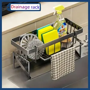 Sponge Holder for Kitchen Sink with High Brush Holder Stainless Steel Dish Sponge with Divider Dish Soap Dispenser Storage Organizer Racks Drainage Rack Metal Drying Corner Drain