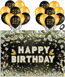 6x4ft Money Birthday Backdrop 20pcs Dollar Bill Balloon Decor Black Gold Currency Symbol Ballon Cash Money Boy Girl Party Photo Supplies