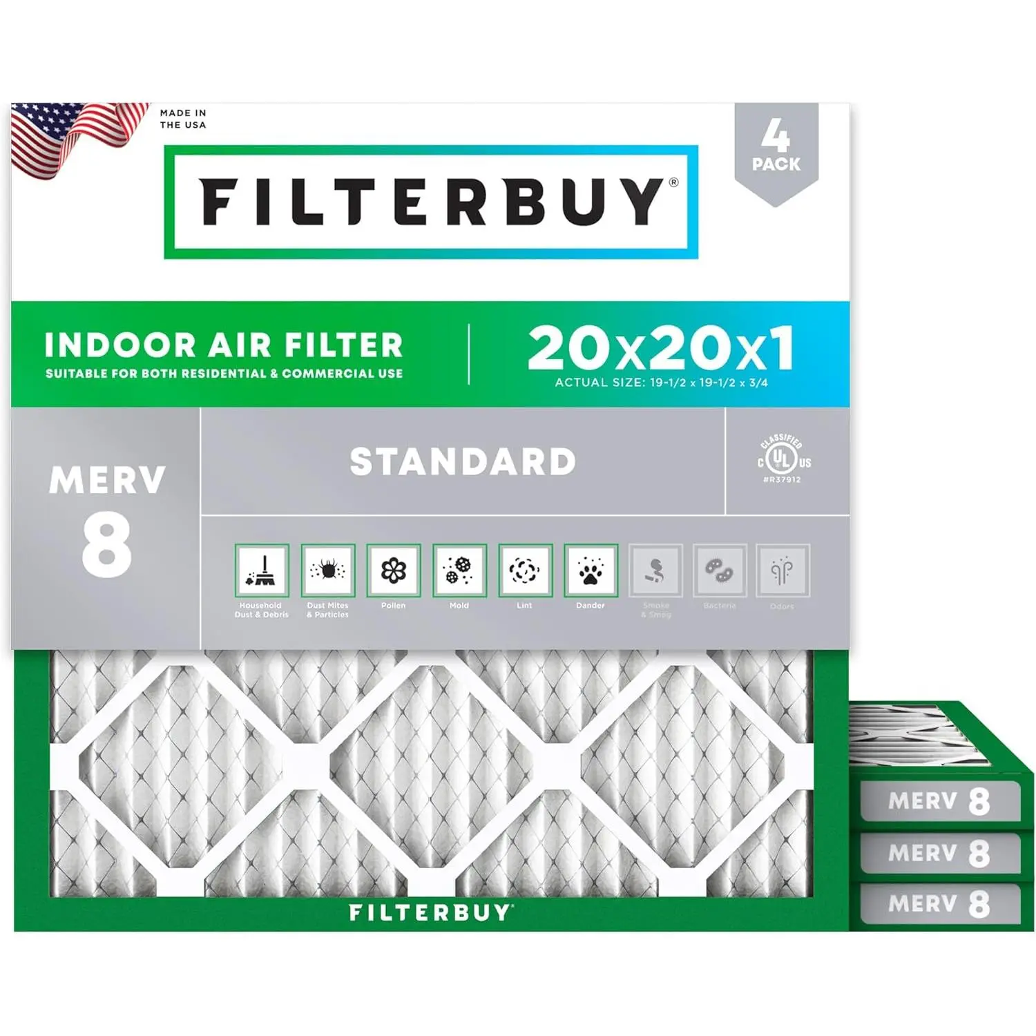 Filterbuy 20x20x1 Air Filter (4-Pack), Pleated MERV 8 Dust Defense HVAC AC Furnace Air Filters (Actual Size: 19.50 x 19.50 x 0.75 Inches)
