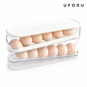 UFORU Automatic Egg Dispenser for Refrigerator, Auto-Rolling Egg Organizer with Lid & Handle, Slim Kitchen Storage Container for Fridge, Space-Saving Egg Holder for Countertop#SummerWins#DFYD