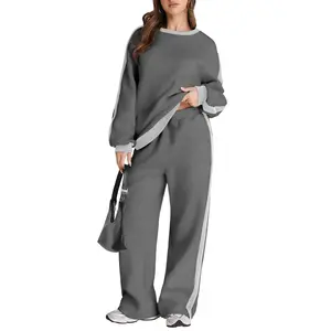 Alxin Stock Autumn Two-piece Jogger Sporty Color-blocking Striped Long-sleeved Sweatshirt & Matching Pants Set for Women