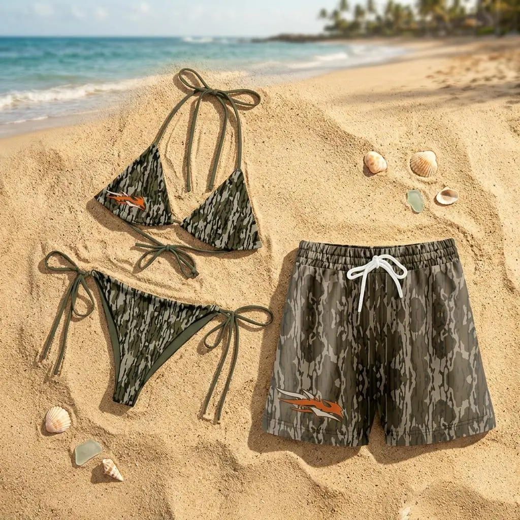 Sitka Matching Bottomland Camo Swimwear Set for Couples – Black All-Over Print Bikini Top with Removable Padding – Tie-Side Thong Bikini Bottoms – Summer Vacation & Casual Holiday Beachwear
