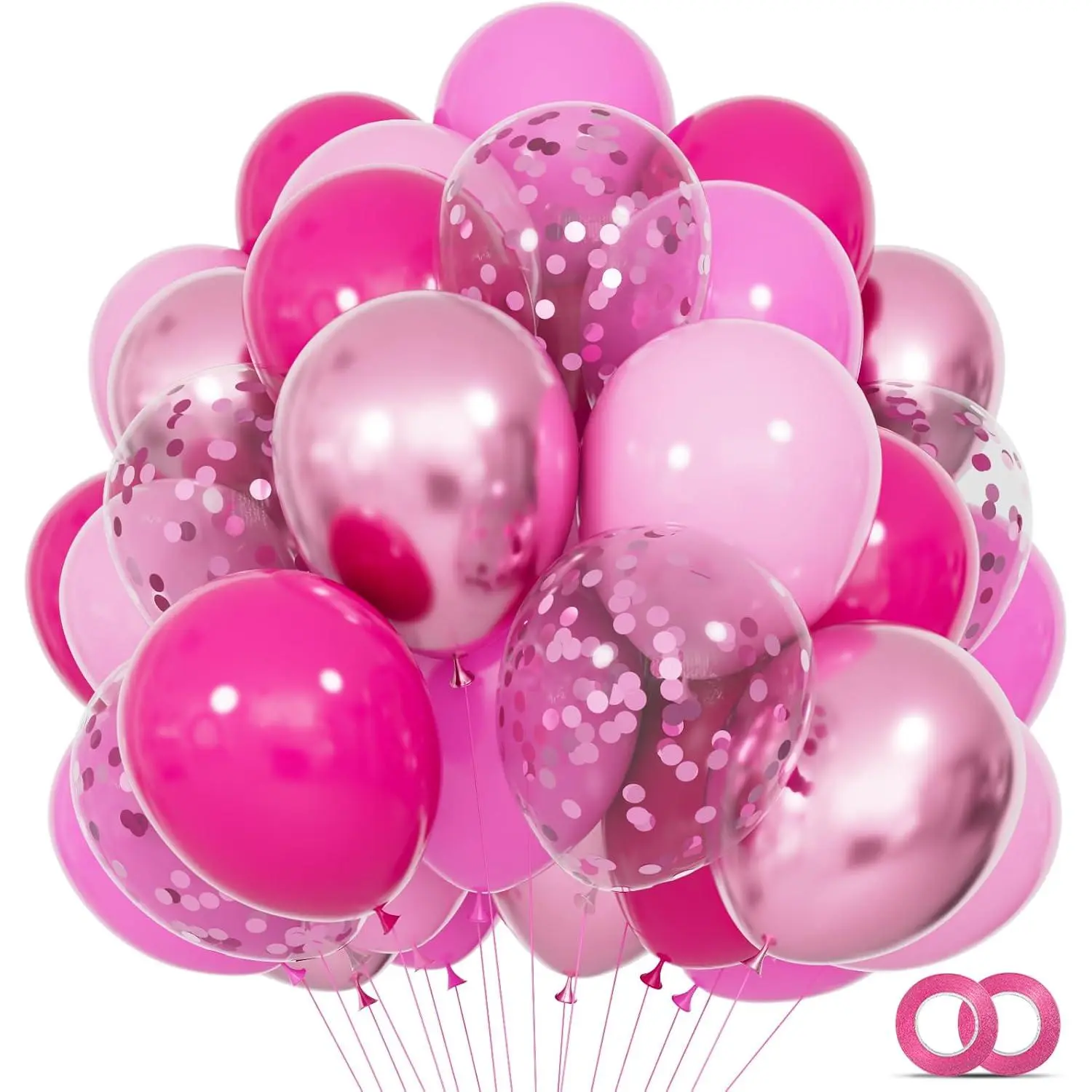 68Pcs Pink Balloons Kit 12 Inch Metallic Pink Balloon, Pink Confetti Balloon and Pink Party Balloons with Ribbons for Birthday, Wedding, Shower, Graduation Decorations.