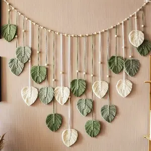 Wall Hanging Nursery Decor Leaves Woven Tapestry Feather Handmade Yarn Tassels Boho Wall Decor Leaves Art Decorations for Nursery Bedroom Living Room Apartment Home Backdrop (Green)