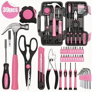 39pcs Pink Tool Kit | Includes Screwdriver, Utility Knife, Scissors, Tape Measure, Hammer, Internal Hex Wrench, Pliers | Suitable for Home, Garage, Garden, Office, College Dormitory | Ideal for Women