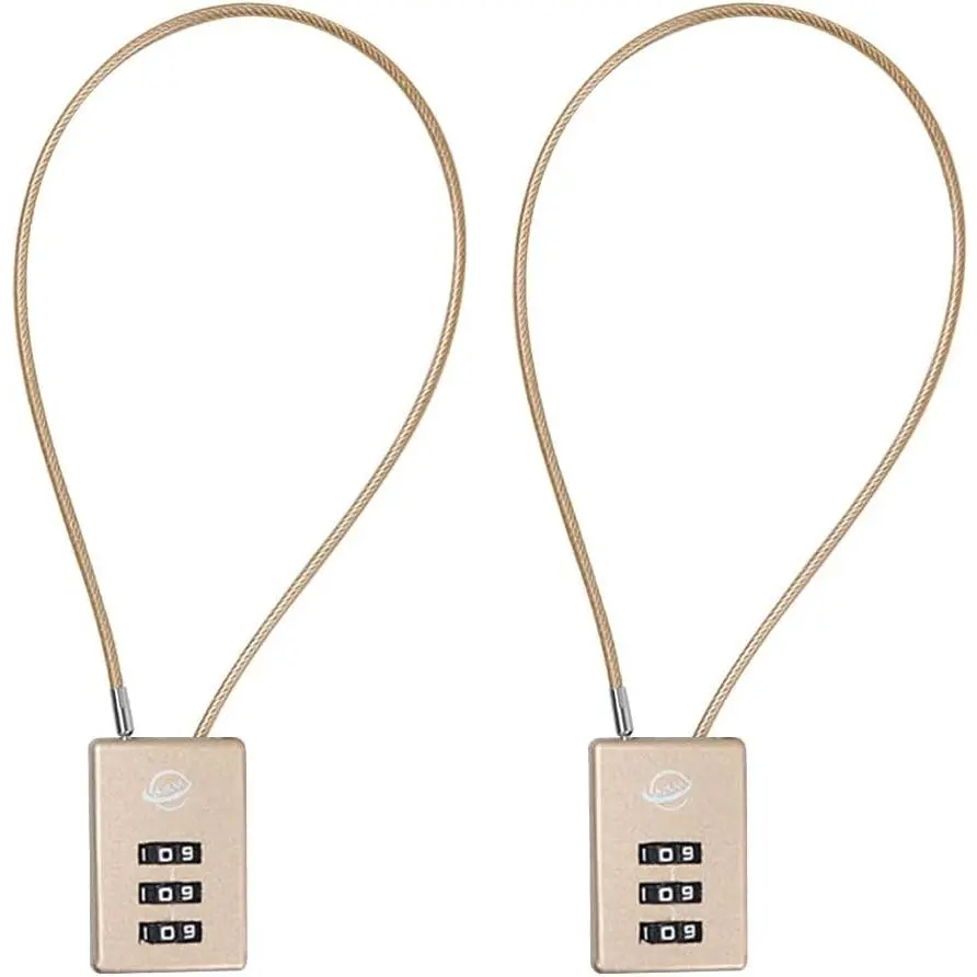3-Digit Cable Combination Lock (30cm/12in Cable) - 2 Pack Gold Padlock for School, Helmet, Gym Locker, Filing Cabinets