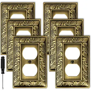 Antique Brass Duplex Outlet Cover Paisley  Decorative Wall Plates for Electrical Outlet, Metal  Plates and Receptacle Cover for Kitchen Bathroom (1 Gang Duplex Outlet-6 Pack)