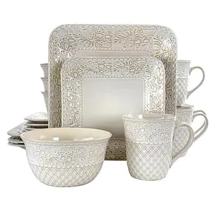 Elama Ivory Lotus 16 Piece Square Stoneware Dinnerware Set