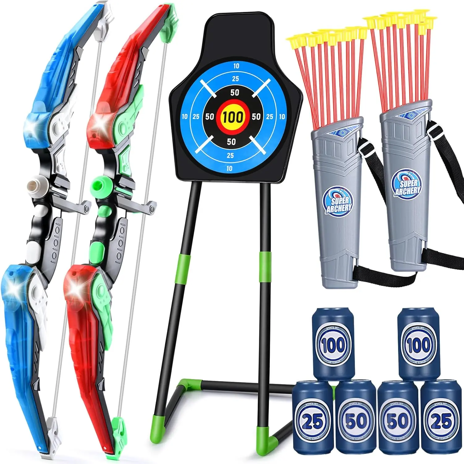 JOYIN OFFICIAL Kids Bow & Arrow Kit (Ages 4-8) with LED Lights - Boys' Archer Fun Boy Gift, 24 Suction Cup Arrows, 1 Standing Target, 6 Score Markers, Requires AA Batteries (Indoor/Outdoor Sport Toy), Boy Gifts