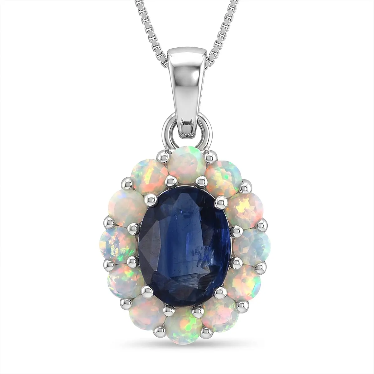 D'Joy Premium Kashmir Kyanite, Ethiopian Welo Opal Majestic Glow Pendant Necklace (18 Inches) in Rhodium Over Sterling Silver 2.15 ctw