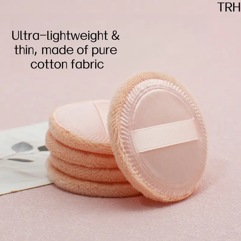 Cotton Velour Powder Puff for Setting Makeup, Small Round Loose Mineral Foundation Sponge with Strap Band, Thin Flocked Single Side Cosmetic Makeup Applicator for Daily Beauty