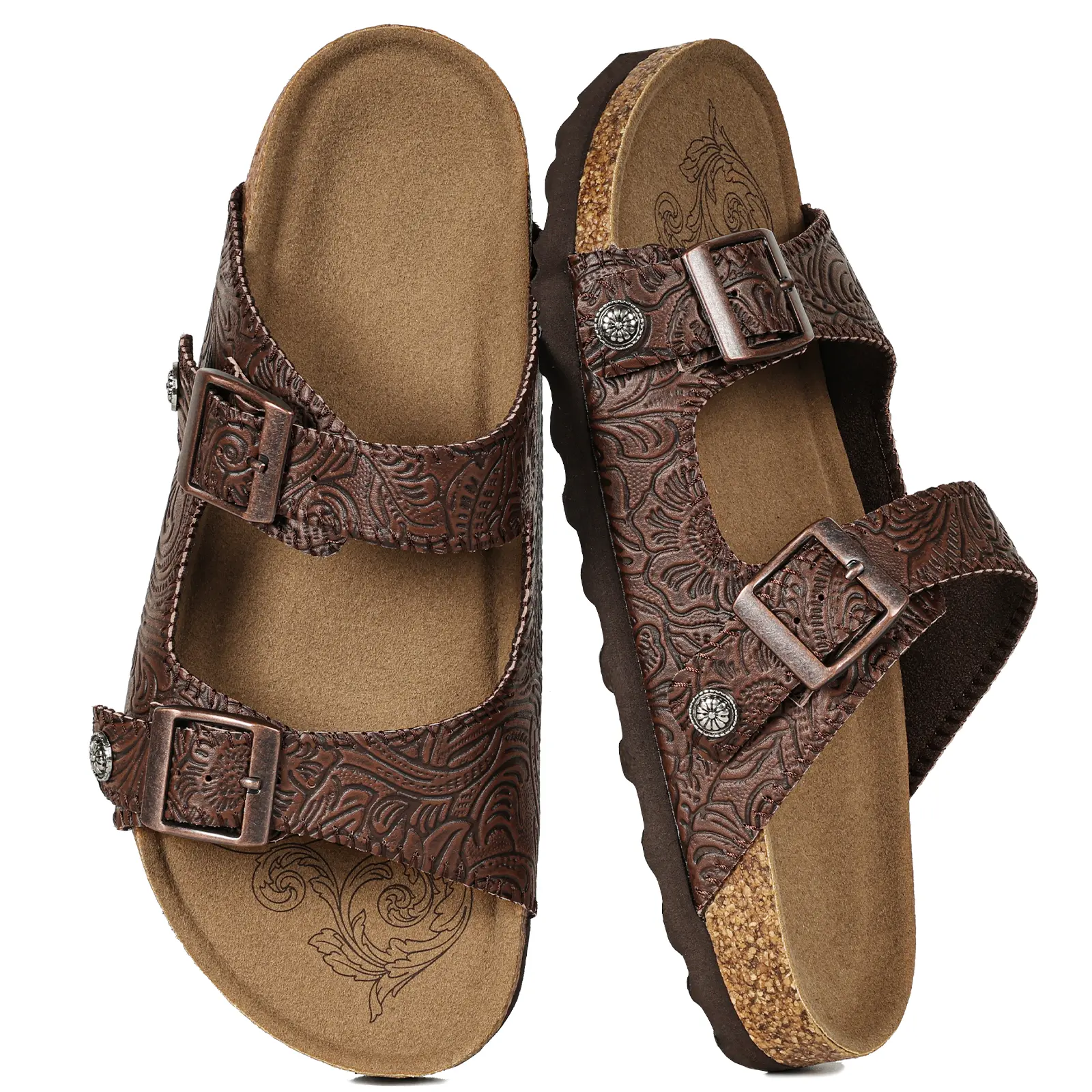 Women’s Cork Footbed Sandal – 2026 Open Toe Wide Flat Slide Sandals, Double Buckle Slip-On, Embossed Tooled Leather Upper with Arch Support & Memory Foam, Adjustable Two Strap, Lightweight Summer Beach Vacation Casual Walking Shoes for Women