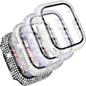 4-Pack Compatible with Apple Watch Case 40mm Protective Bumper with Screen Protector, 200 Crystal Diamond Bling Cases Cover for Apple Watch SE Series 6 5 4, Black/Silver/Rainbow/Clear, 40mm