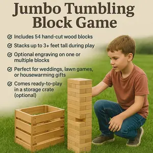 stacko Jumbo Tumbling Block Game - 54 Hand-Cut Wooden Stacking Blocks, Kids Outdoor Play, Carry Crate Storage, Stacks Up to 3+ ft, Engravable Option, Ages 8+, Ideal for Weddings & Lawn Games