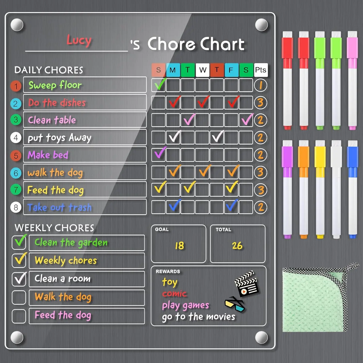 Acrylic Magnetic Chore Chart for Kids/Teens/Adults, 9.5"x12", Reusable Chore Checklist & Responsibility Tracker