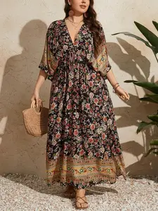 【Plus Size】 All Over Floral Print V Neck Dress, Casual Boho Fashion, Elegant Casual Paisley Print 3/4 Sleeve Dress for Summer, Women's Clothing for Daily Wear