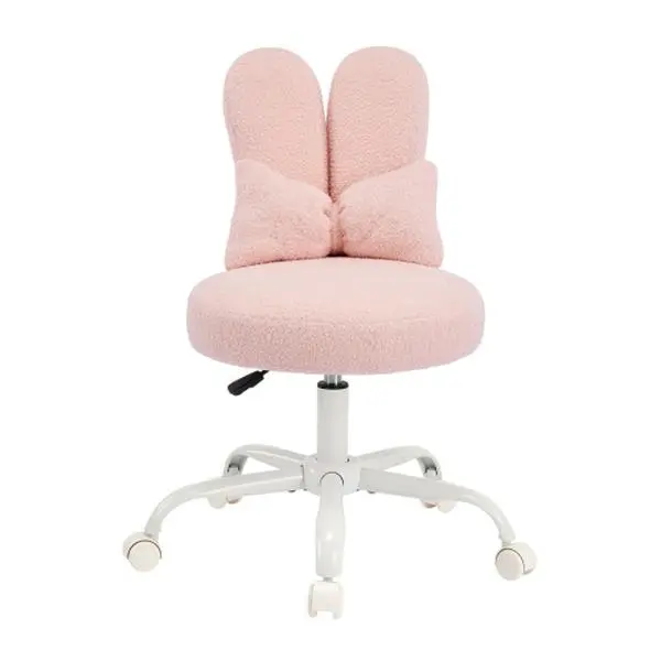 Karlhome Teddy Fleece Playful Rabbit Ear Swivel Pink Vanity Desk Chair - Rolling Stool with Wheels, Bow Pillow, Adjustable Height, Small Size Single Seat for Bedroom Home Office (For Girls, Adults)