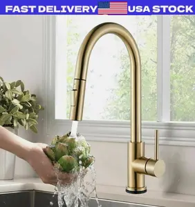 Brushed Gold Kitchen Sink Faucet Pull Down Sprayer Single Handle Mixer Tap