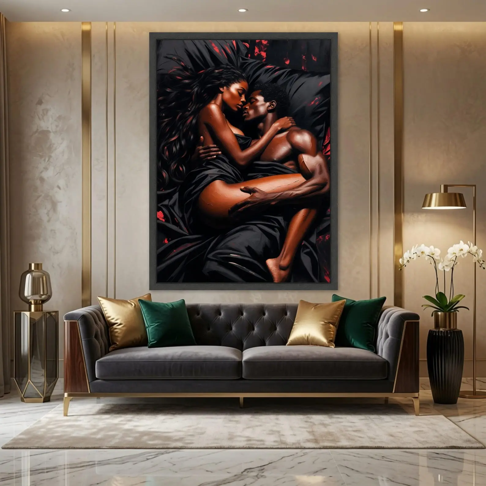 Romantic Couple Print, Sensual Black Love Wall Art, Dark Red Bedroom Decor, Intimate Embrace Figure Poster, black love art [Unframed]