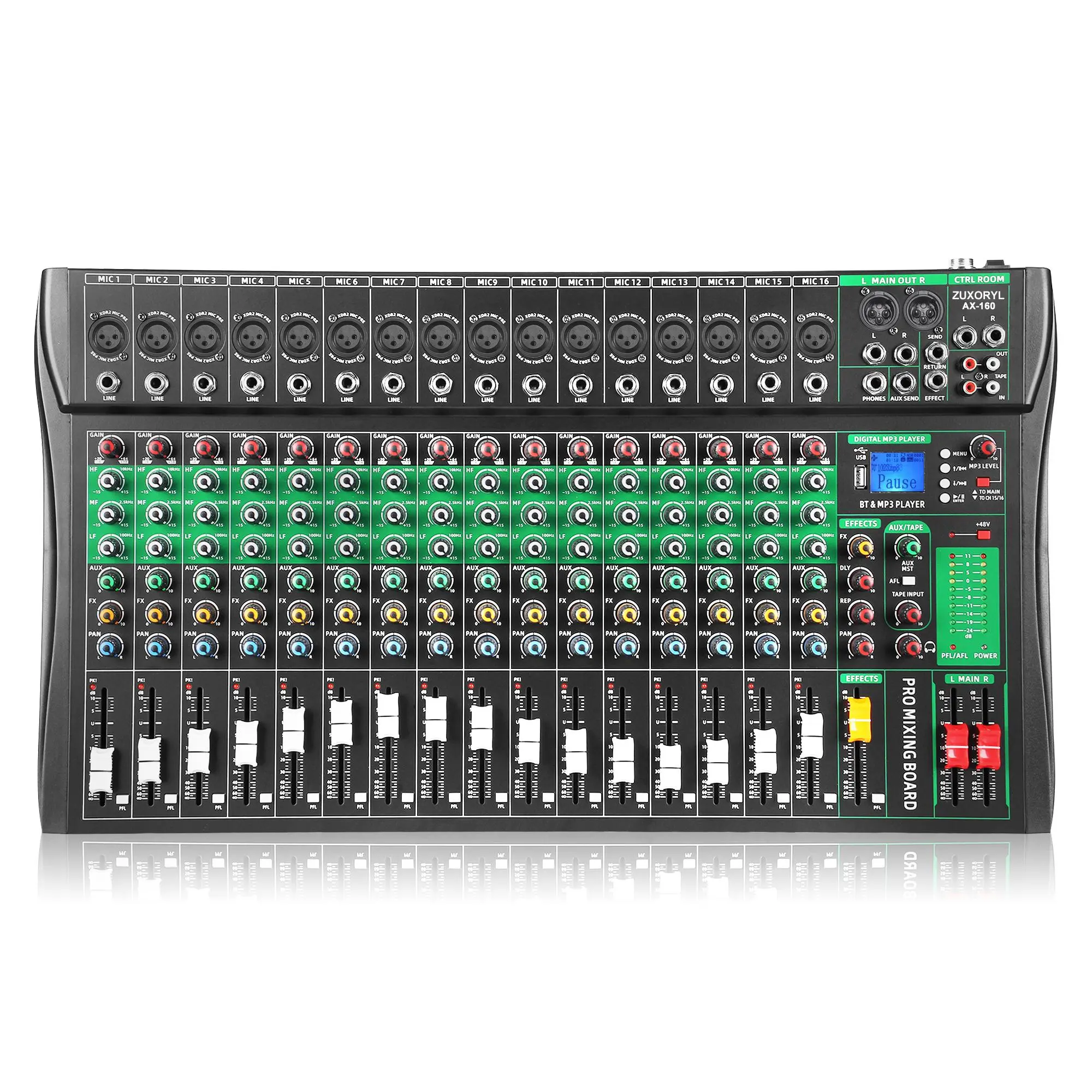 16-Channel Compact Professional Analog Mini Mixer Amplifier - 48V Phantom Power, Wireless Bluetooth Playback, MP3/USB Sound Card Interface, Mobile LCD Digital DJ Console, Noise Reduction for Content Creators, Mixers