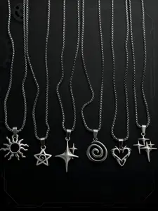 6 Piece Set Y2K Flame Heart Star Spiral Sun Pendant Necklace, Love Heart Necklace, Stainless Steel Chain, Punk Simple Unisex Couple Jewelry for Daily Party, Fashionable Jewelry Accessories