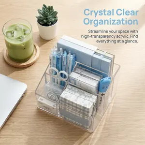 1piece large-capacity plastic storage box with 5 compartments, a small pen holder cabinet, a transparent multi-compartment desktop organizer, Clear Organizer. Ideal for home, office, organizing stationery, jewelry, cosmetics, Office supplies