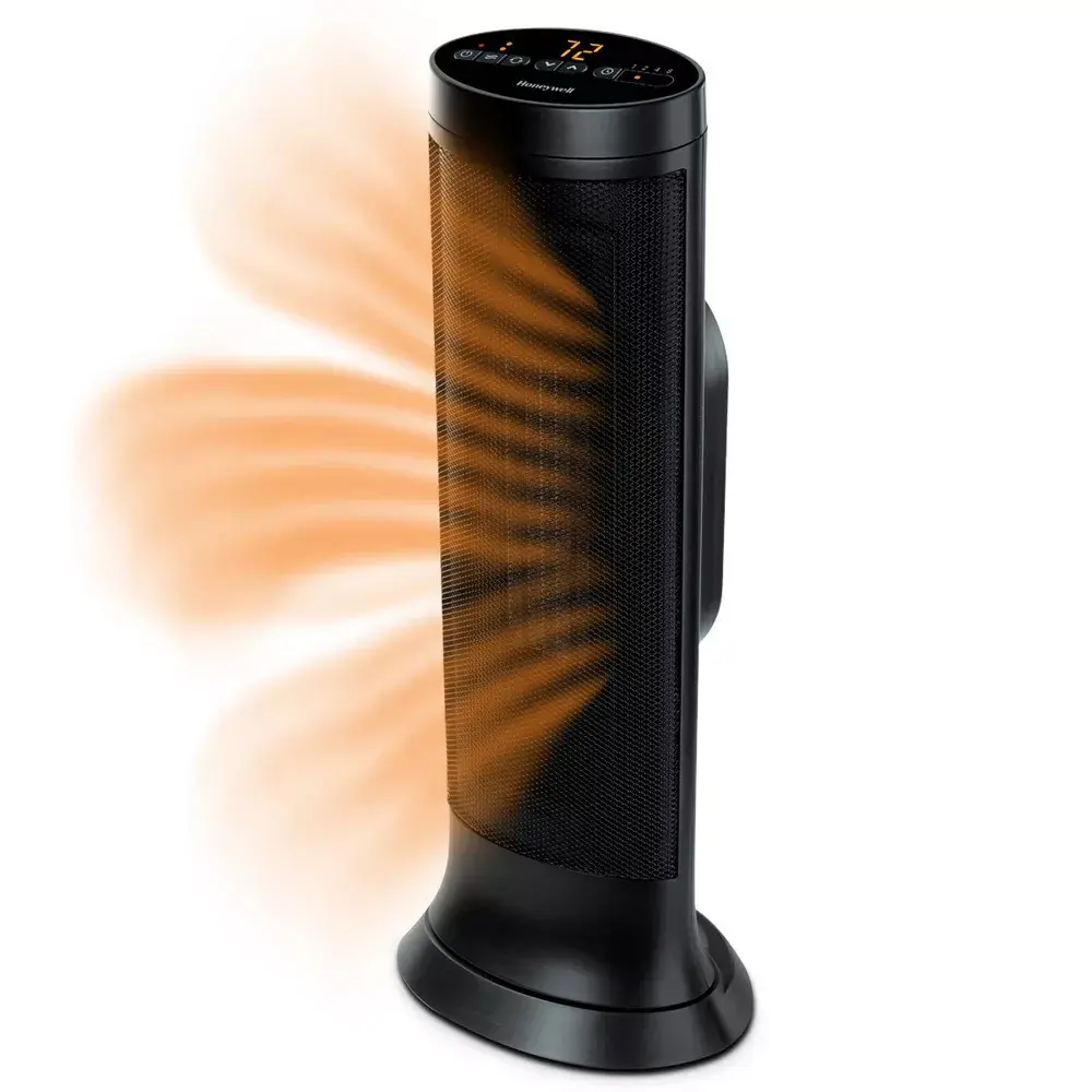 Honeywell Slim Ceramic Tower Heater Black: Indoor Space Heater Adjustable Thermostat 1500W Fan Driven No Assembly Required