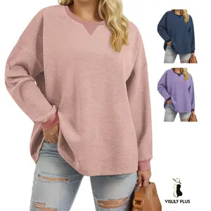 Womens-Plus-Size-Sweatshirts Trendy Color Block Casual Long Sleeve Tops Waffle Knit Oversized Shirts Loose Fit Tunics VPS0172 Chic Lightweight Soft Stretchy Womenswear sweaters for women