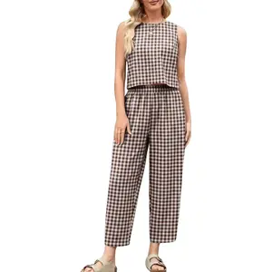Women's Cotton Gingham 2 Piece Outfit Summer Tank Top Pants Matching Casual Beach Lounge Set