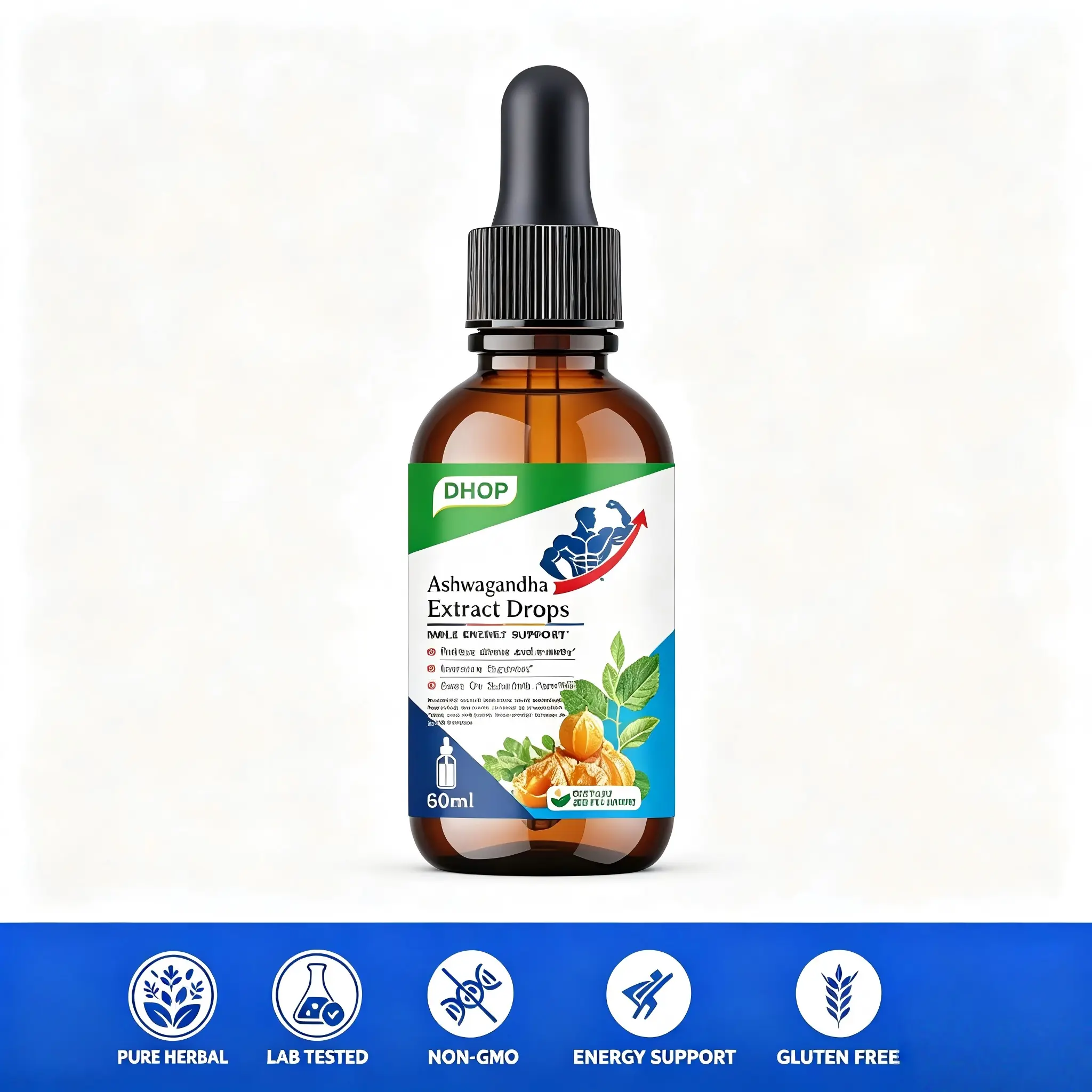 DHOP Ashwagandha Extract Drops Natural Herbal Liquid Supplement For Adult Men, Supports Stress Relief, Healthy Energy, Focus & Calm Mood, 60ml Dietary Supplement
