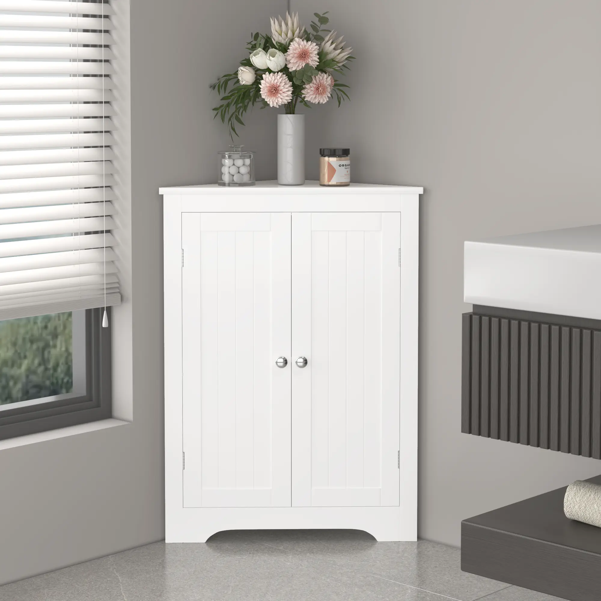 White Floor Corner Cabinet with 2 Doors and Adjustable Shelves, Freestanding Narrow MDF Storage Organizer for Bathroom, Kitchen, Living Room or Bedroom