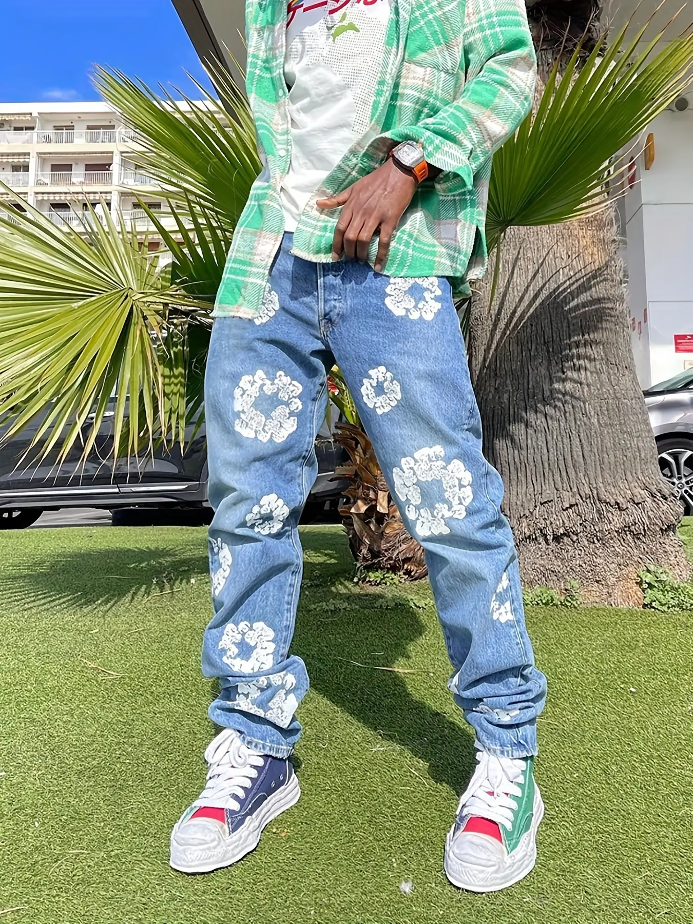 Flower Print Jeans, Light Wash Denim, Slim Fit Fashion Jeans, Streetwear Jeans, Y2K Trendy Jeans, All Seasons Wear